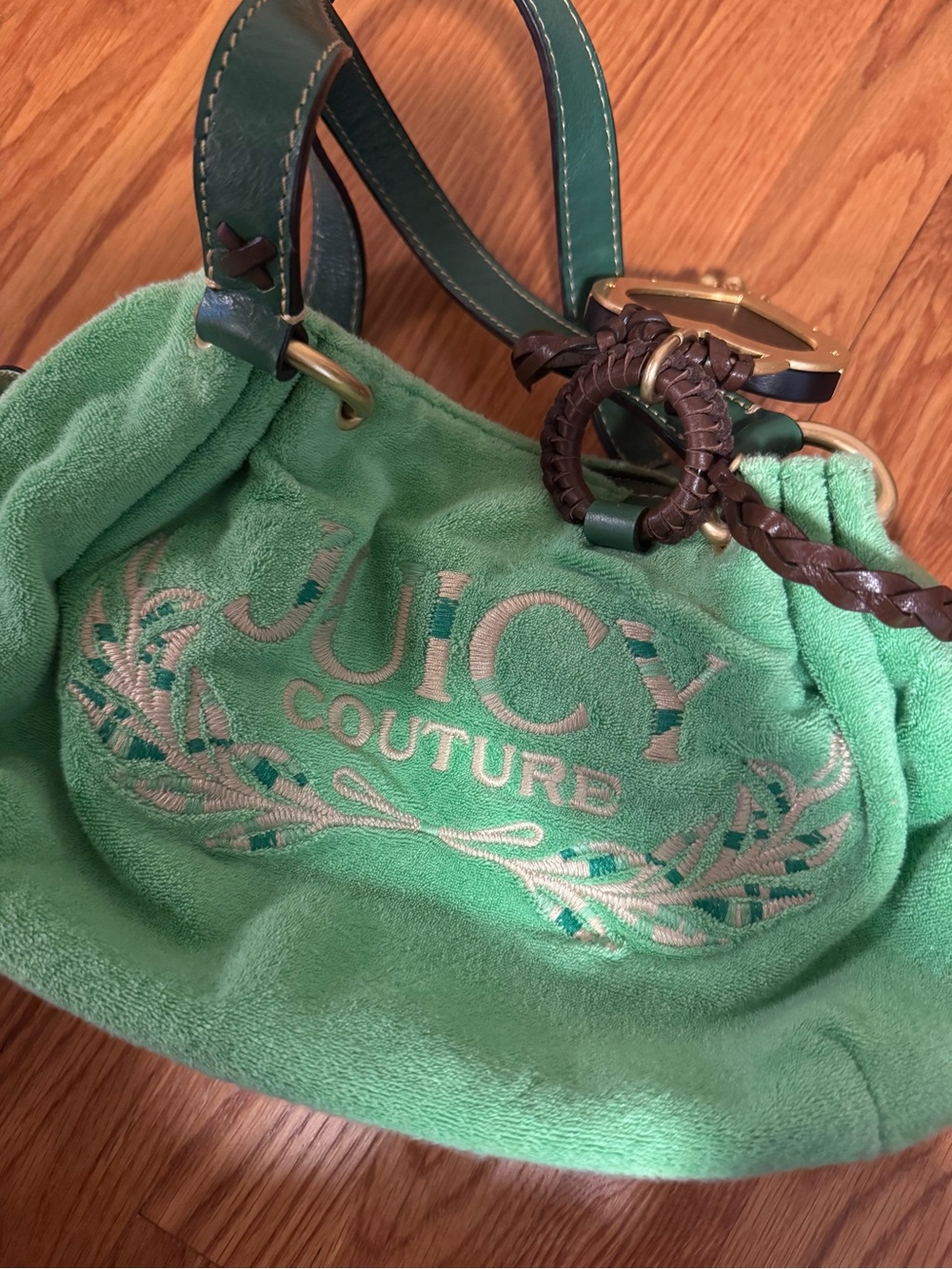 Authentic Y2K Juicy Couture Green Terry Cloth Shoulder Bag with Accessories